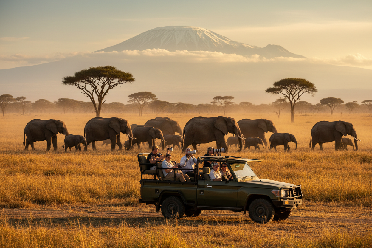 Safari vehicle with tourists observing elephants in a grassy field with Mount Kilimanjaro in the background.