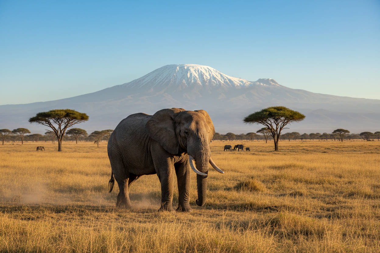 Elephant walking in a grassy plain with Mount Kilimanjaro in the background