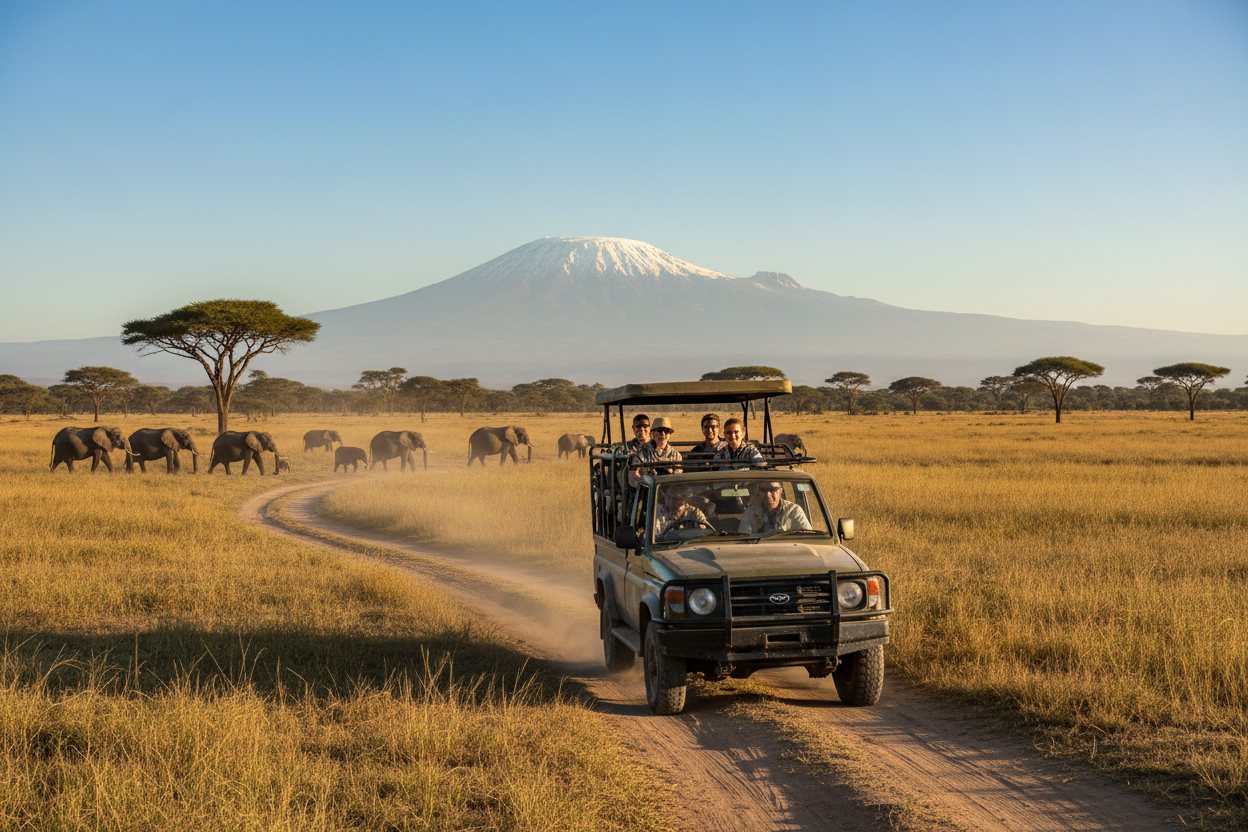 Safari vehicle with tourists on a dirt road in a grassy savannah with Mount Kilimanjaro in the background.