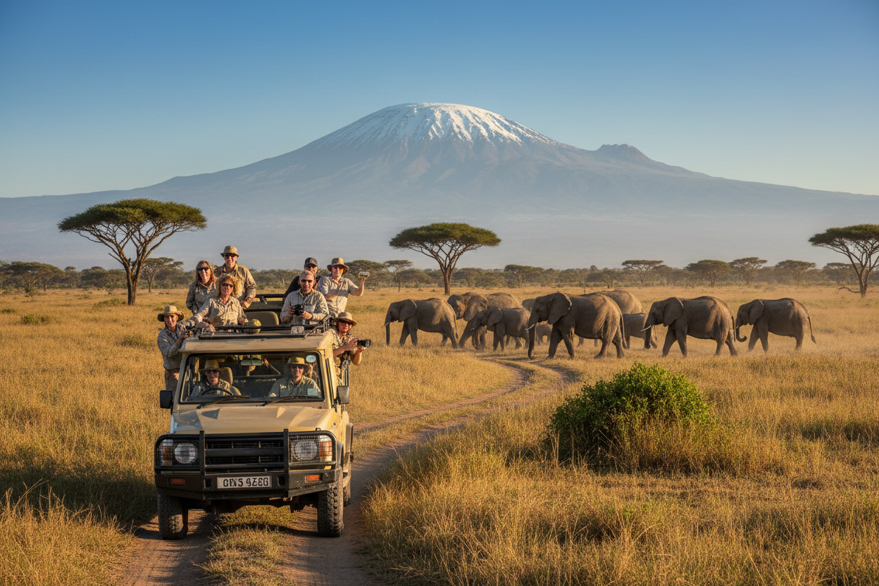 Safari vehicle with tourists observing elephants in a grassy savannah with Mount Kilimanjaro in the background.
