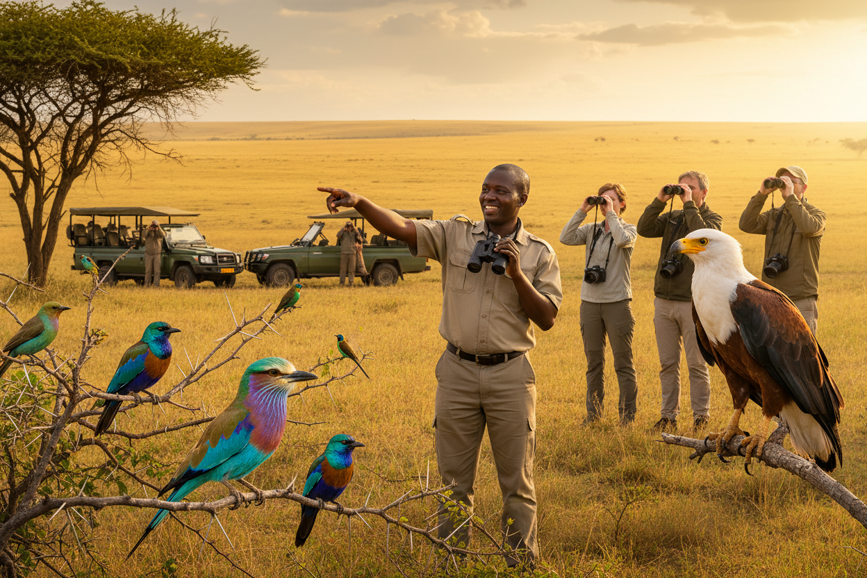People observing birds and an eagle in a savanna landscape with safari vehicles.