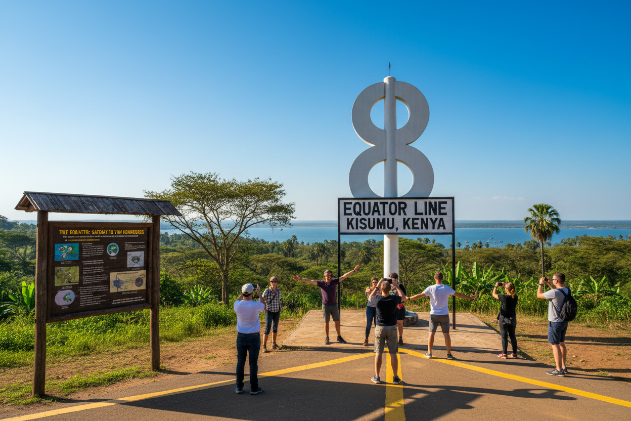 Group of people at the Equator Line sign in Kisumu, Kenya with a scenic background.