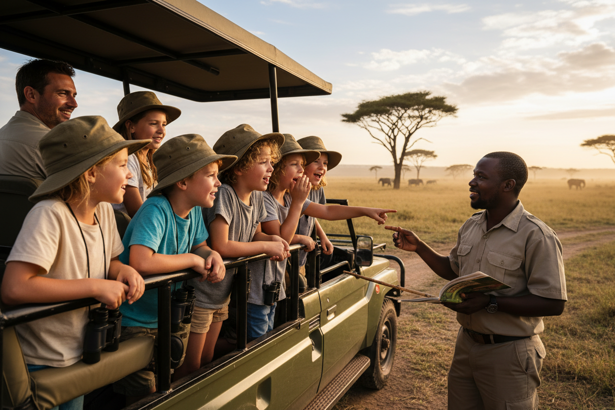 Group of children on a safari tour with a guide pointing out something in the distance.