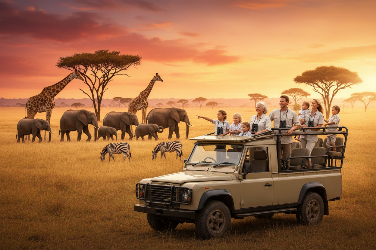 Safari scene with a jeep and people observing wildlife like elephants and giraffes at sunset.