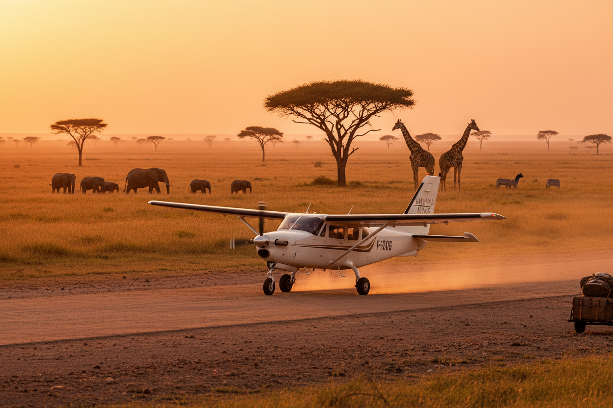 Small airplane on a dirt airstrip with giraffes and elephants in the savannah at sunset.