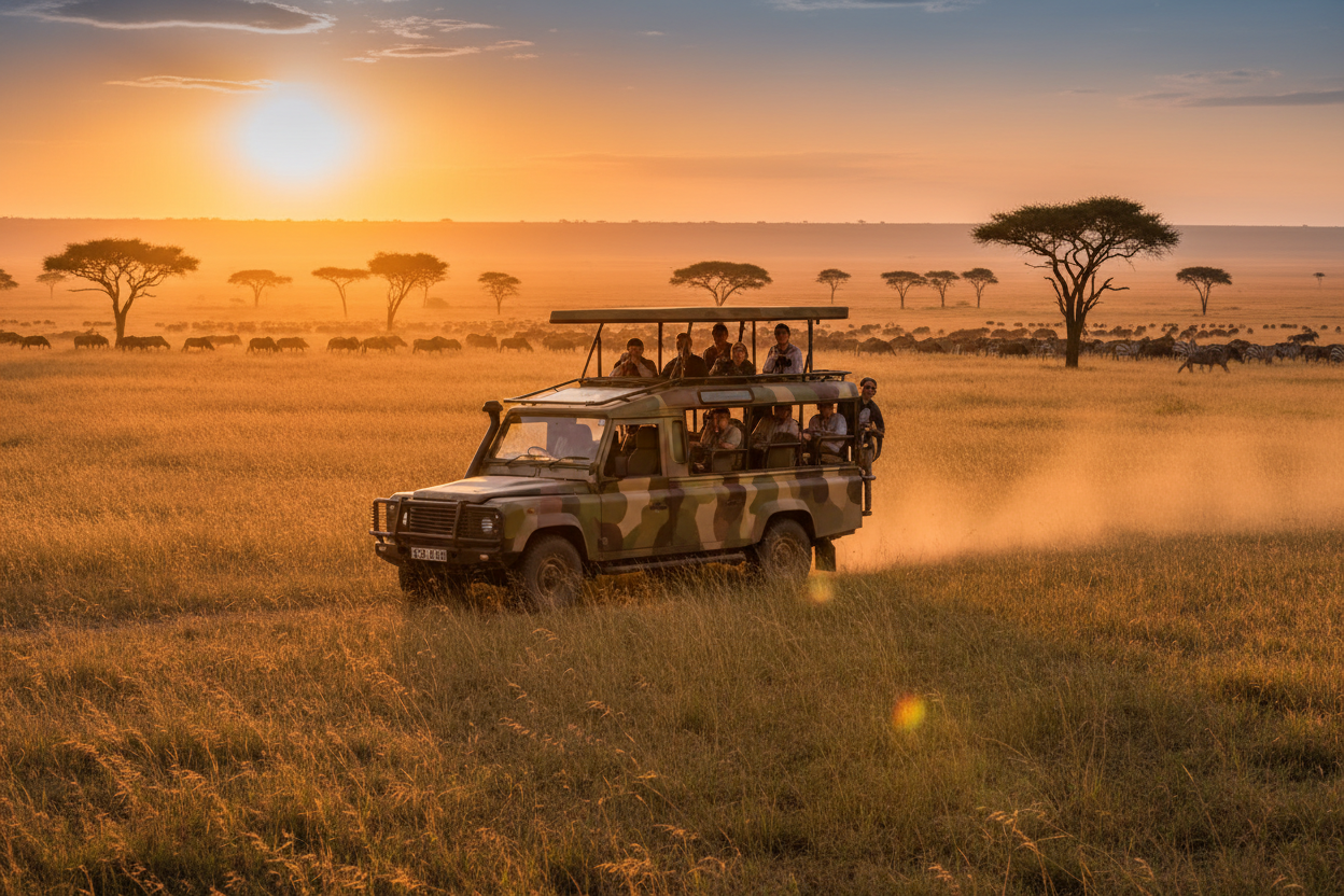 Safari vehicle with tourists on a grassy plain at sunset