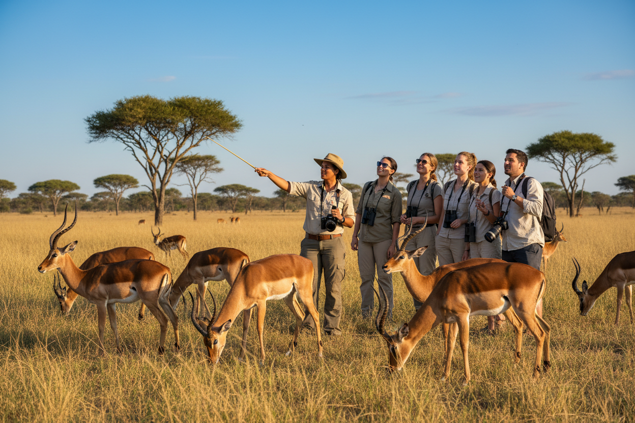 Group of people on a safari with antelopes in a grassy savanna.