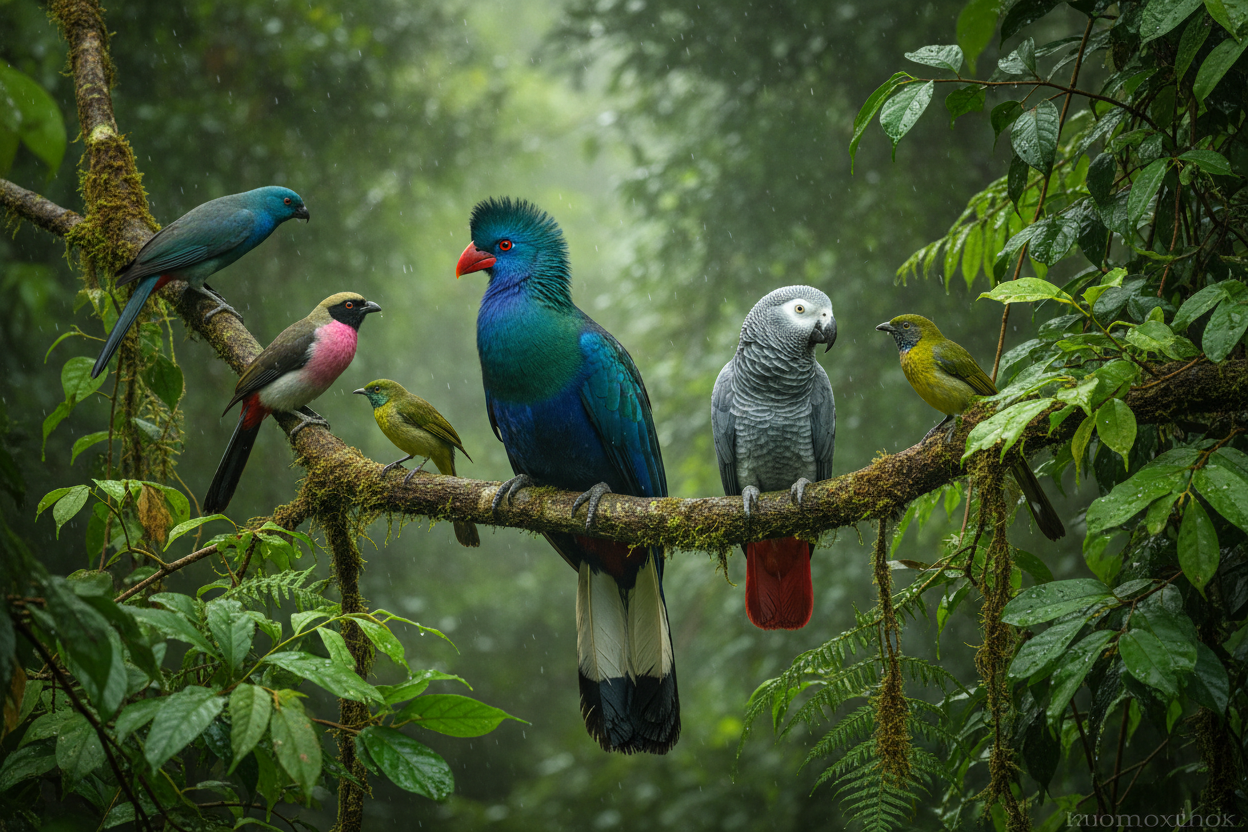 Group of colorful birds perched on a branch in a lush green forest