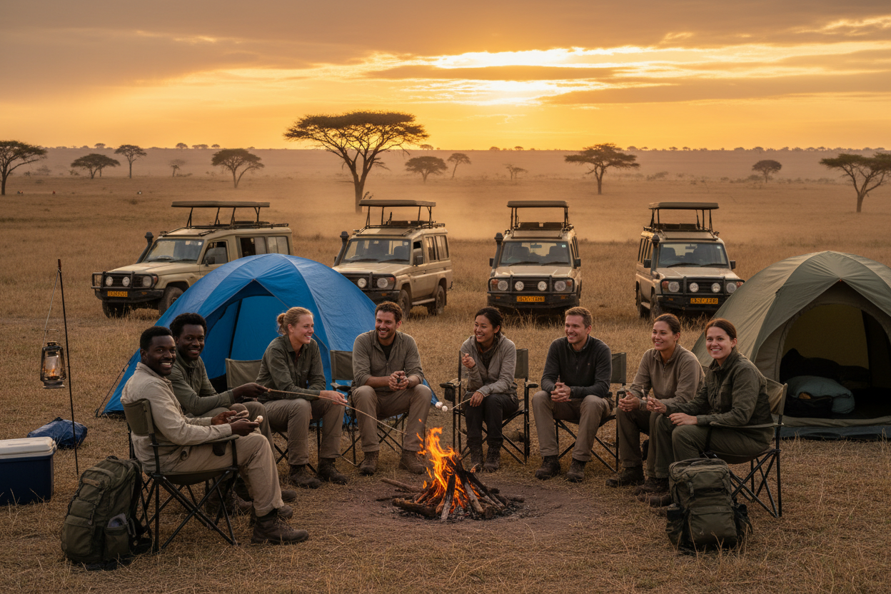 Group of people around a campfire in a desert landscape with tents and vehicles.