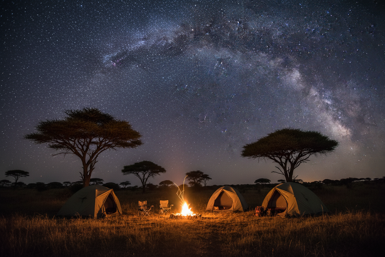 Camping scene under a starry night sky with the Milky Way galaxy.
