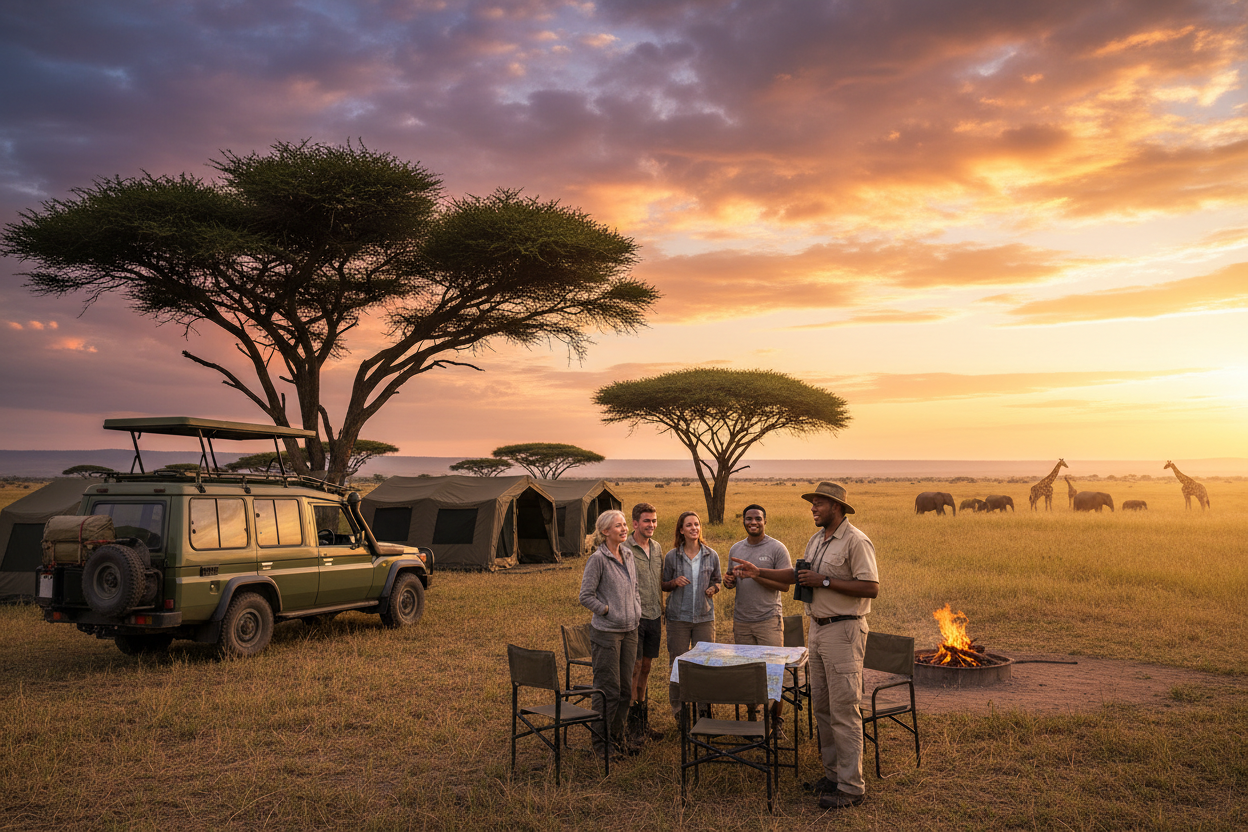 Group of people enjoying a sunset at a safari camp with vehicles and tents in the background.