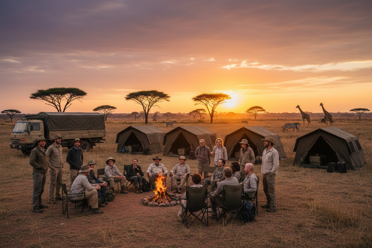 Group of people gathered around a campfire at sunset in a safari setting with tents and giraffes in the background.