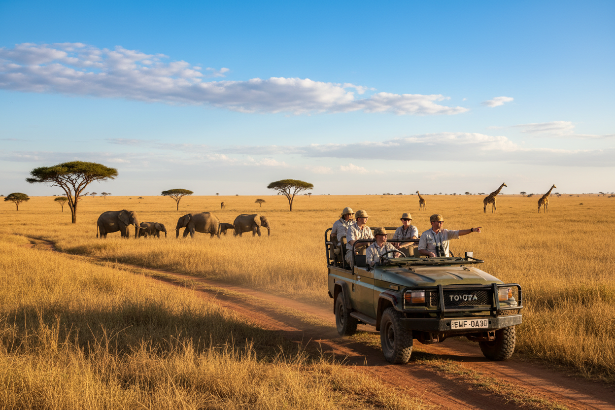 Safari vehicle with tourists on a dirt road in a grassy savannah with elephants and giraffes.
