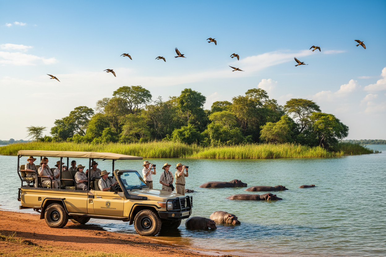 Safari vehicle with tourists observing hippos and birds flying over a water body.