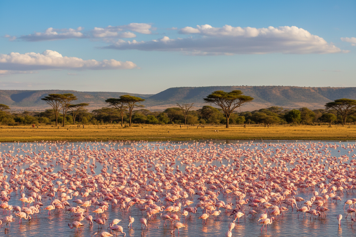 Large group of pink flamingos in a body of water with a scenic landscape in the background.