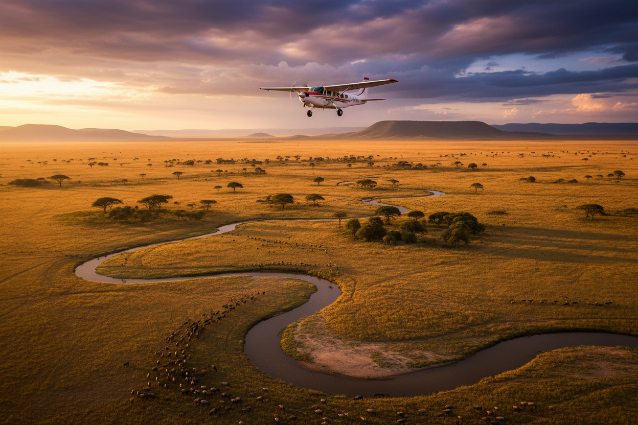 Small airplane flying over a savanna landscape with a river and scattered trees at sunset.