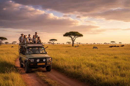 Safari vehicle with tourists on a dirt road in a grassy savannah at sunset.