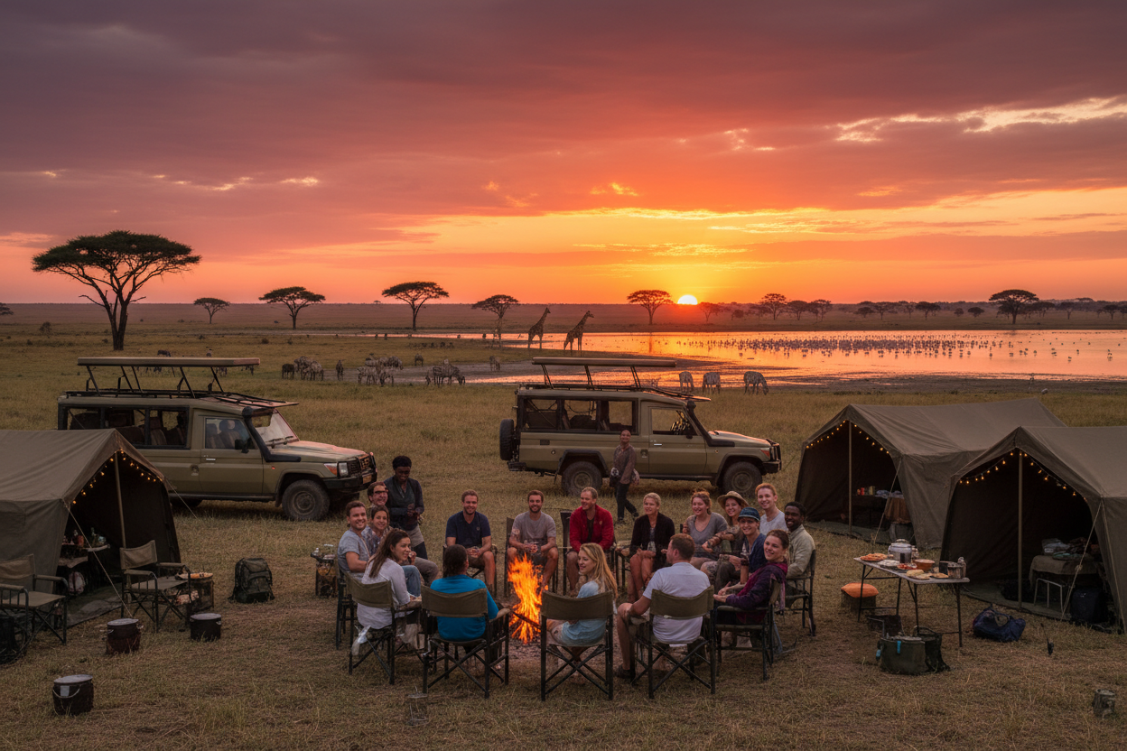 Group of people gathered around a campfire at sunset in a safari setting with tents and vehicles.
