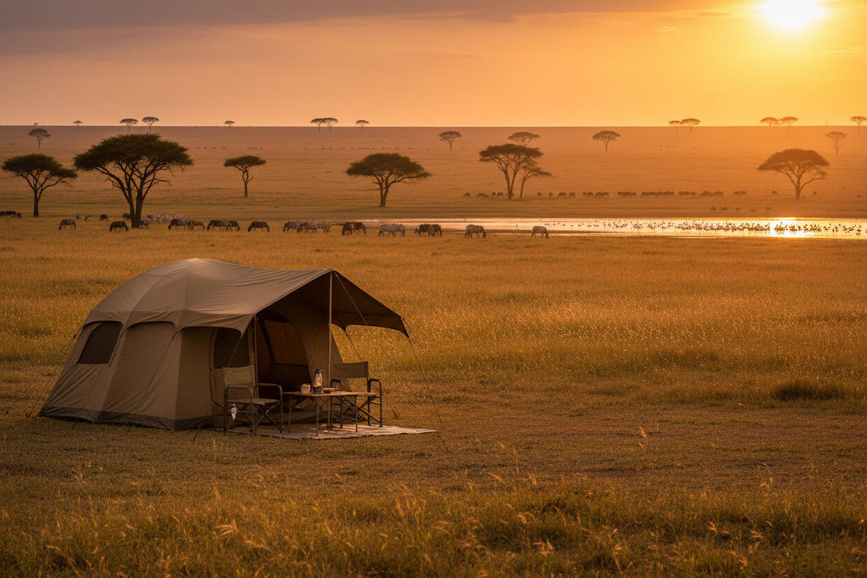 Tent in a grassy field with a scenic sunset and trees in the background