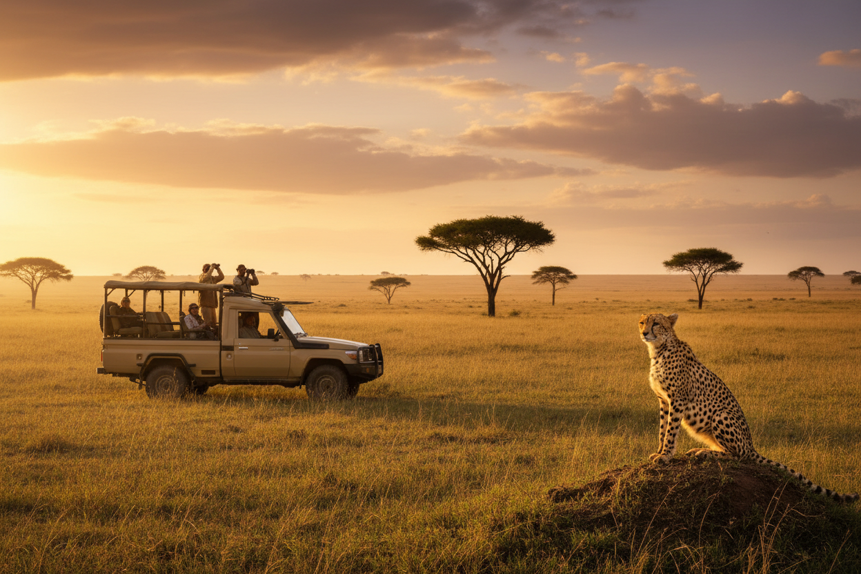 Safari vehicle and cheetah in a grassy savannah at sunset