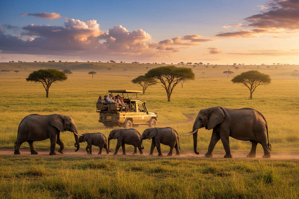 Safari vehicle with tourists observing elephants in a grassy savanna at sunset.