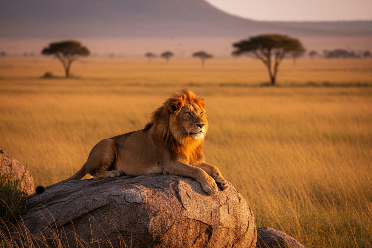Lion sitting on a rock in a grassy savannah with trees and mountains in the background.