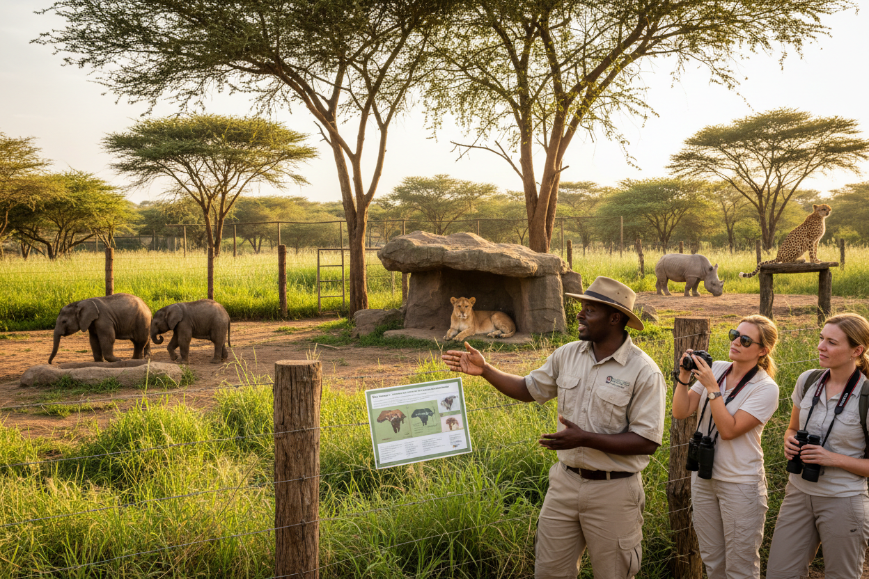 导游在野生动物园向游客介绍动物,背景中有大象、狮子和长颈鹿。