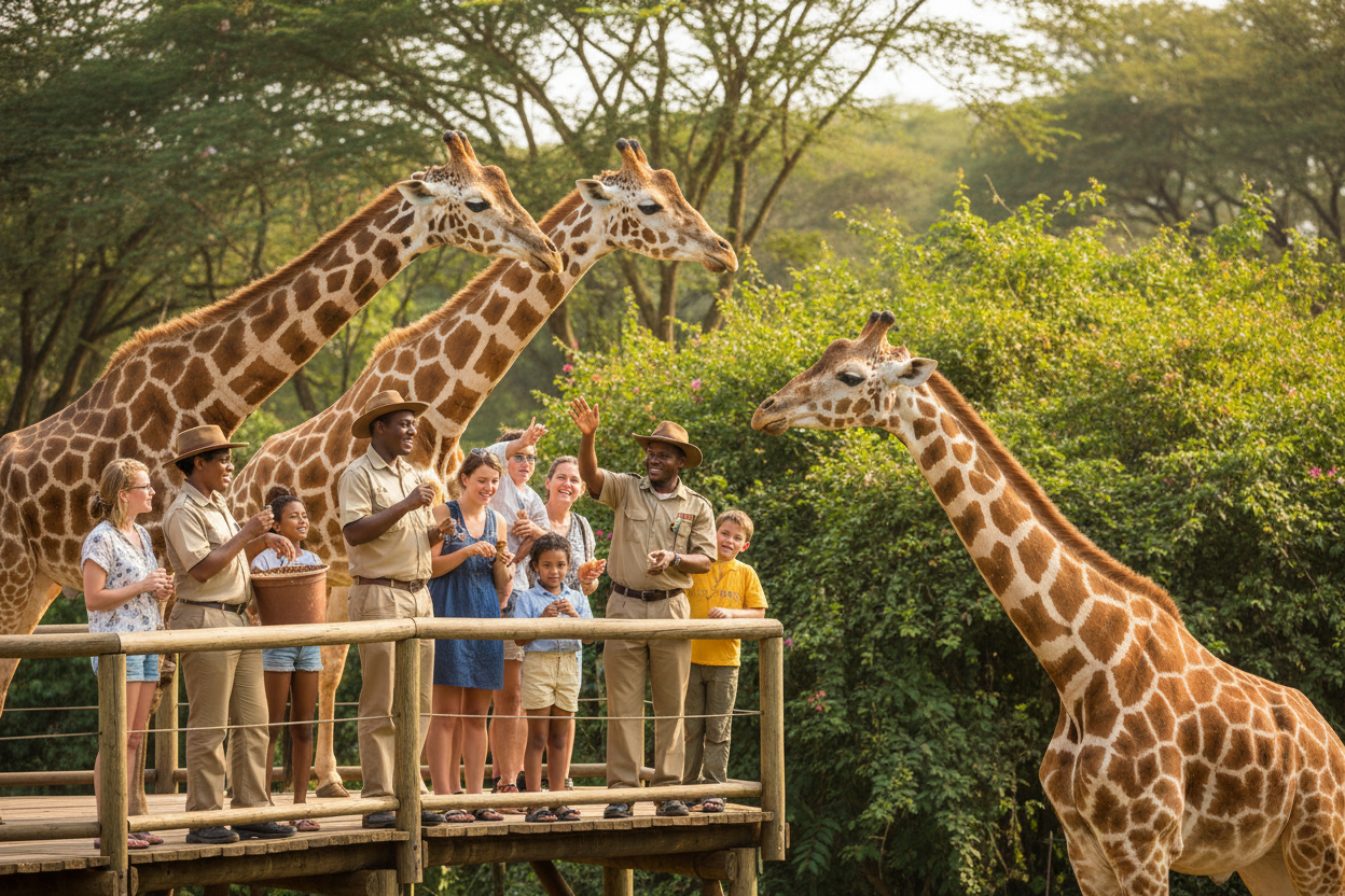 People on a wooden platform interacting with giraffes in a natural setting