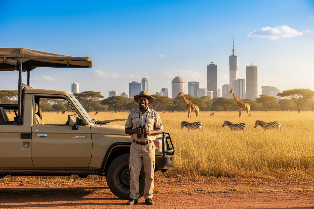 Man standing next to a safari vehicle with giraffes and zebras in a savanna landscape, featuring city skyline in the distance.