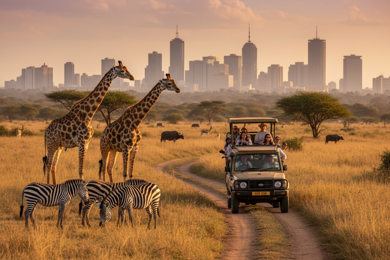 Safari vehicle with tourists observing giraffes and zebras in a grassy field with a city skyline in the background.