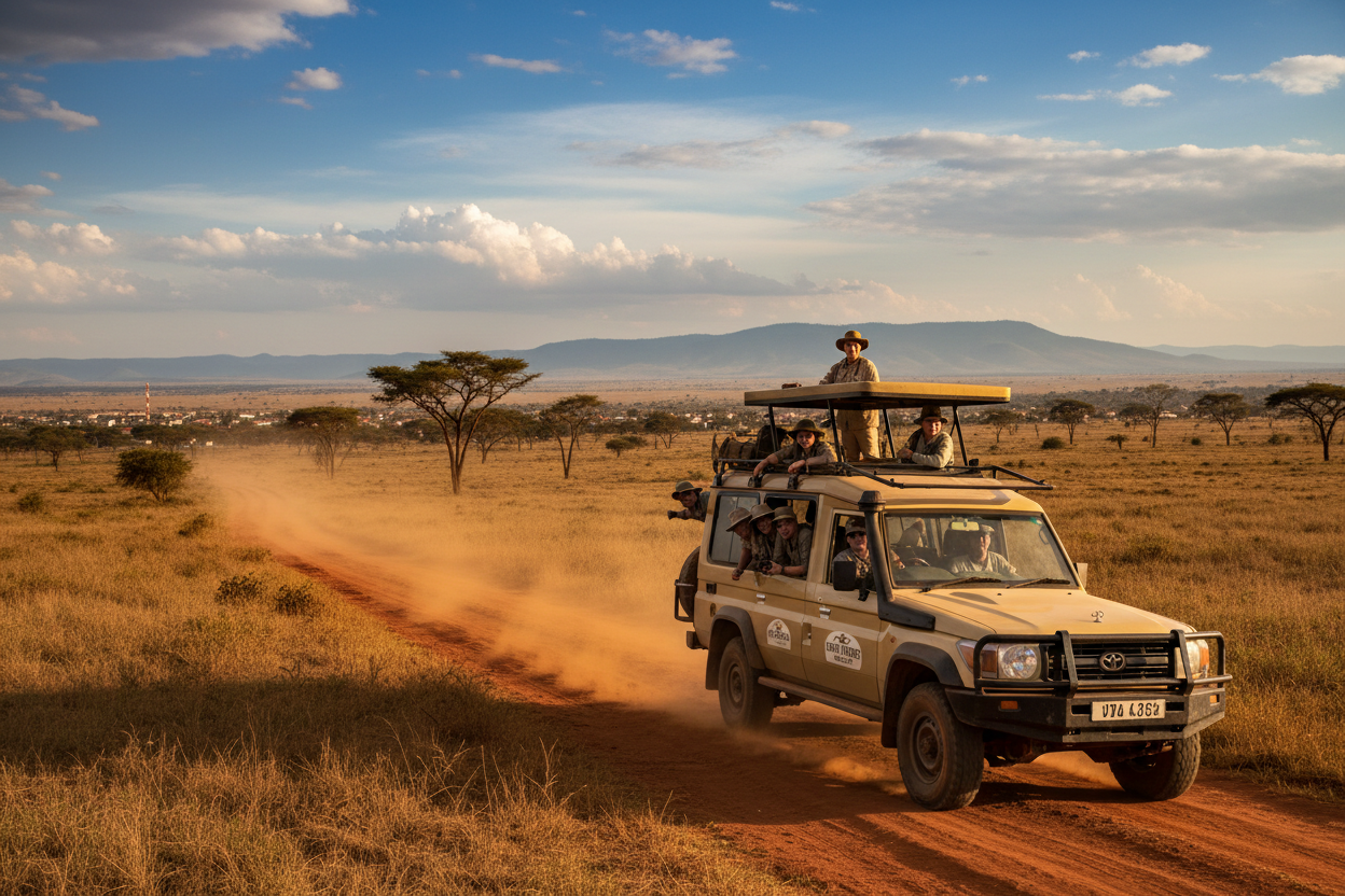 Jeep safari in a grassland with people on top, under a blue sky.