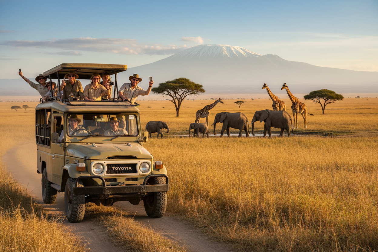 Safari vehicle with tourists on a dirt road in a grassy savannah with elephants and giraffes.