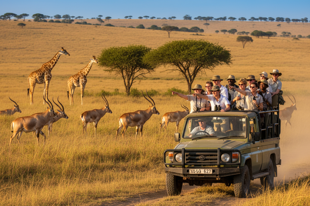 Safari vehicle with tourists observing giraffes and other animals in a grassy savannah.