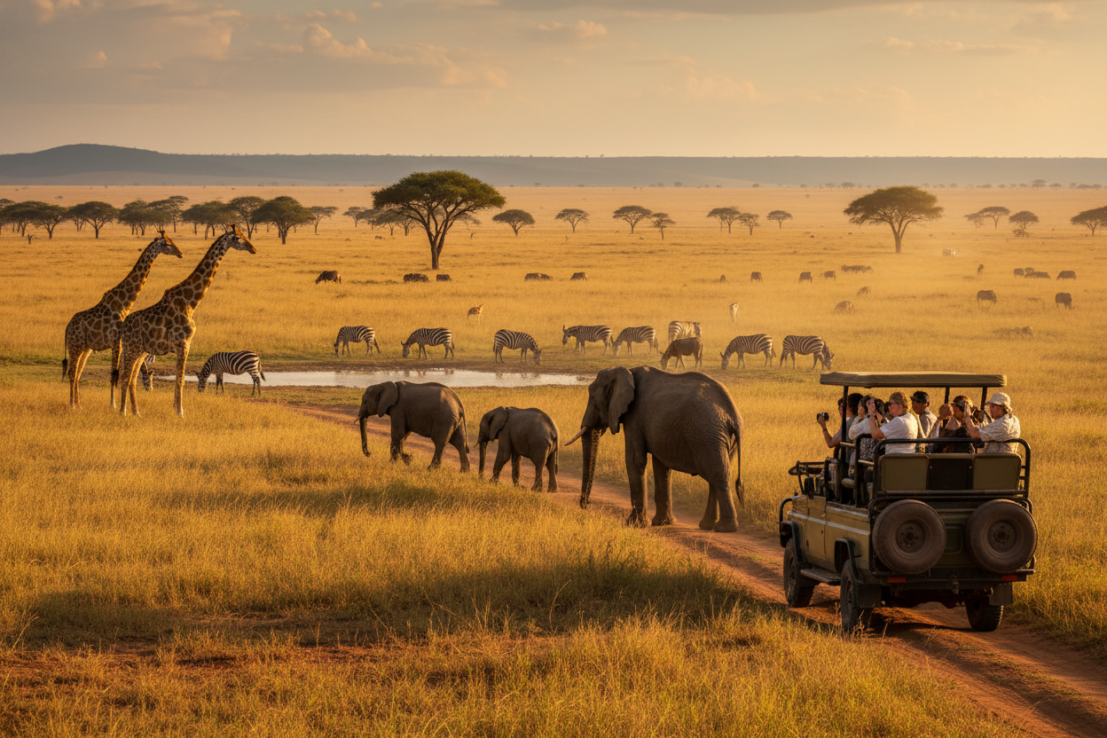 Safari scene with tourists in a jeep observing elephants and giraffes in a grassy savannah.