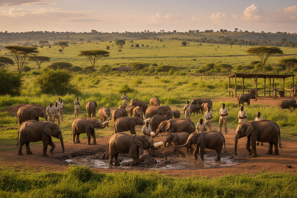 Group of elephants gathered around a watering hole with people observing in a grassy savanna.