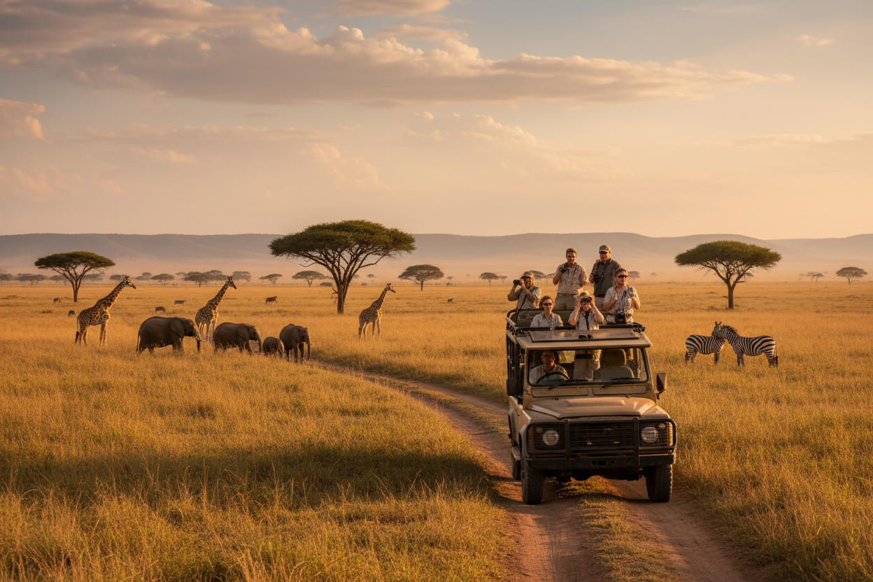 Safari vehicle with tourists observing wildlife in a grassy savannah at sunset.