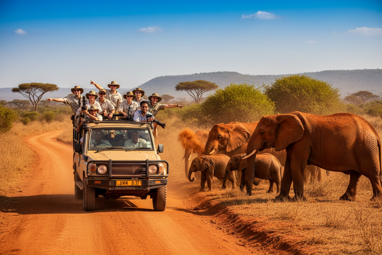 People on a safari vehicle with elephants on a dirt road in a savannah.
