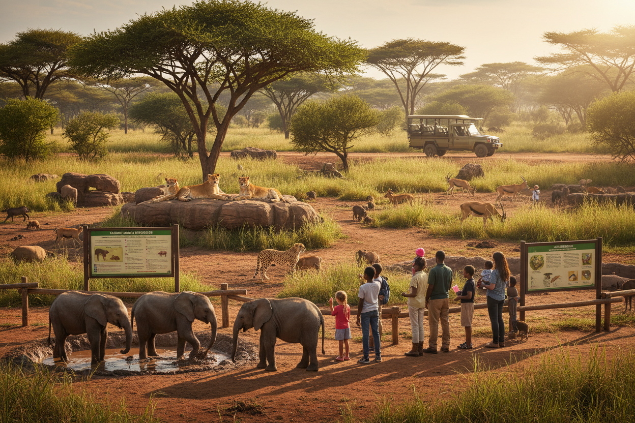 Safari scene with elephants, tourists, and a vehicle in a natural setting.