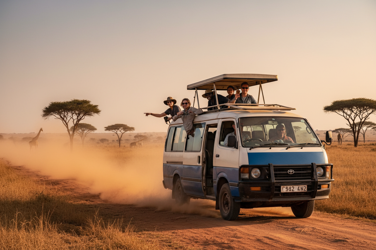 Van with open roof on a dirt road in a desert landscape with people inside.