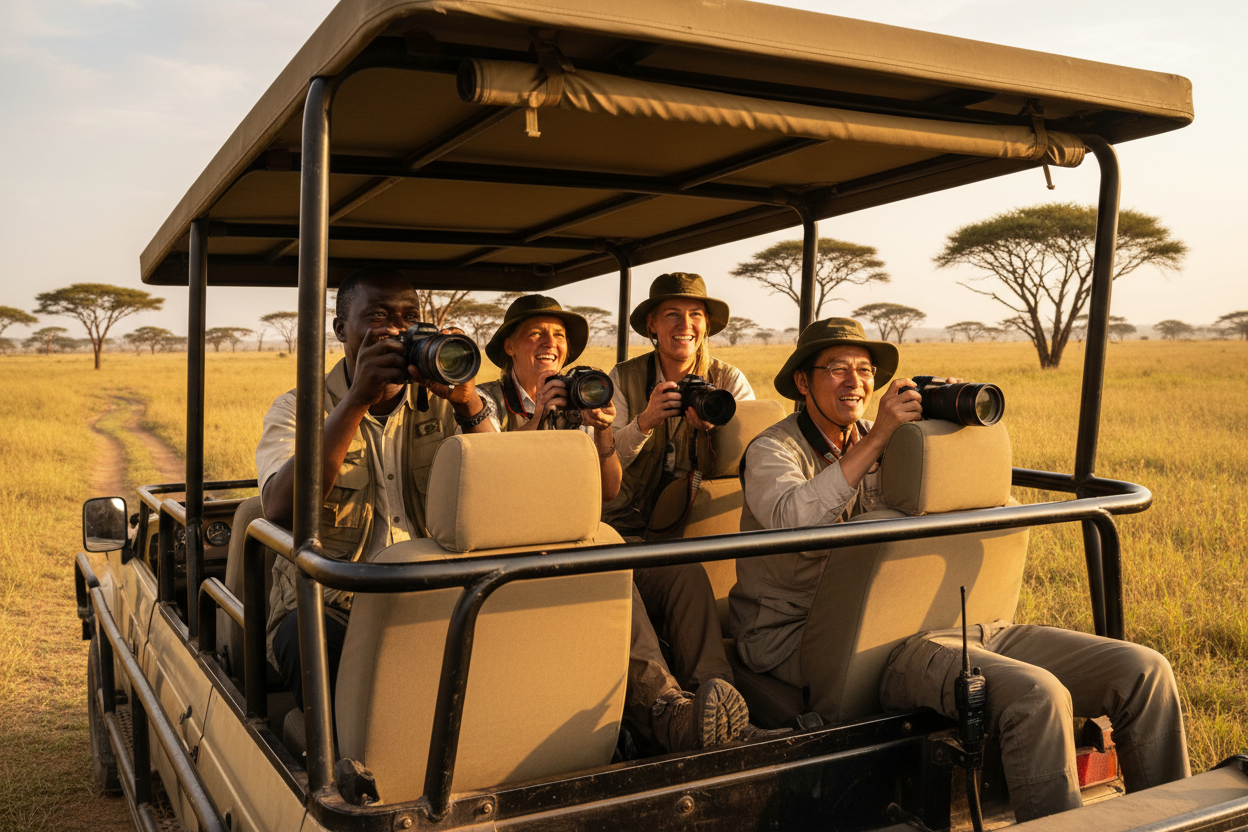 Four people in safari hats sitting in a vehicle with cameras, driving through a savannah.
