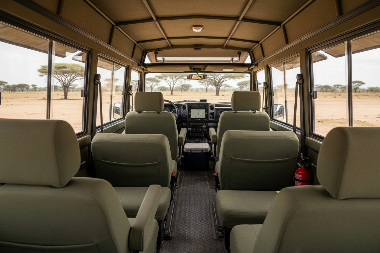 Interior of a safari vehicle with a view of a savannah landscape outside.