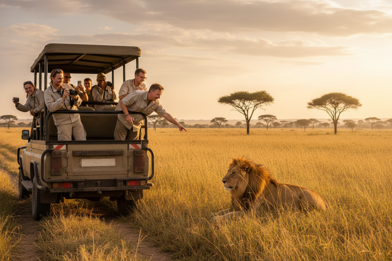 People in a safari vehicle observing a lion in a grassy field.