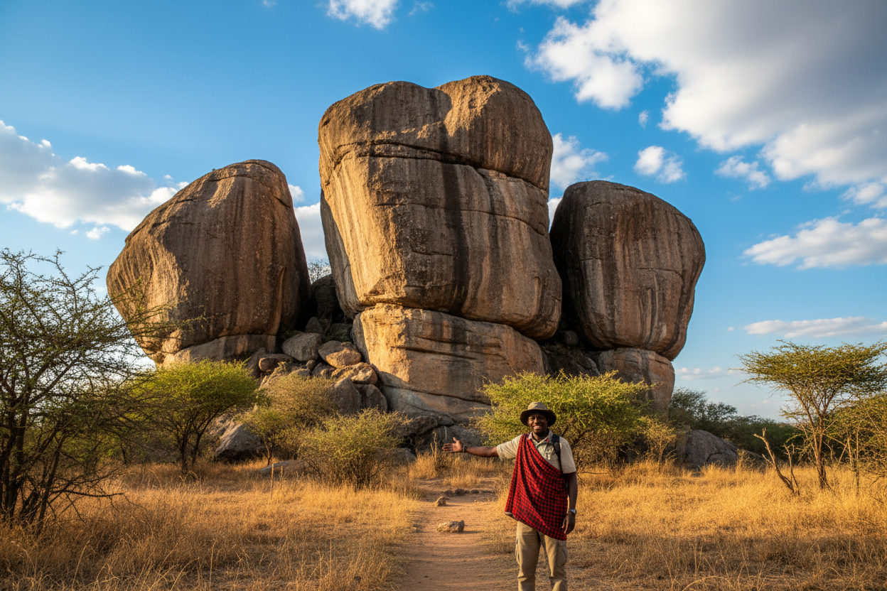 Person standing in front of large rock formations in a desert landscape with a blue sky.