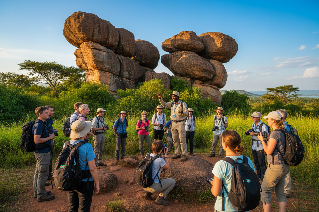 Group of tourists with backpacks exploring a natural rock formation in a savanna landscape.