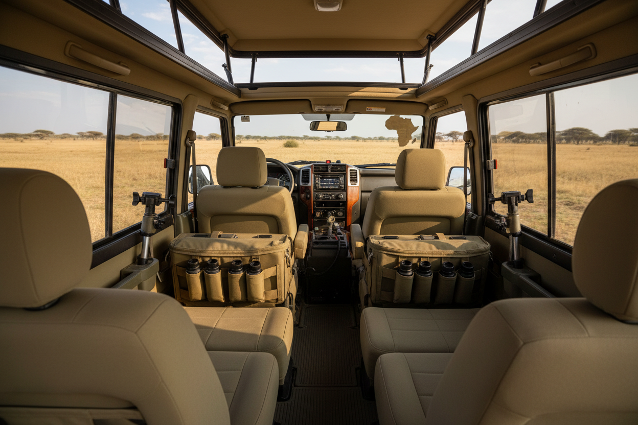 Interior of a safari vehicle with open roof and wide windows, set against a desert landscape.