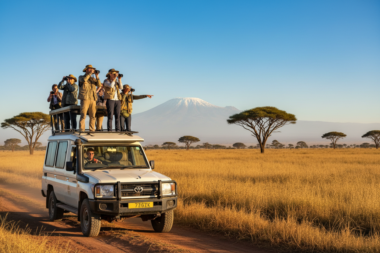 Group of people on an safari journey with a vehicle in a grassy savannah landscape.