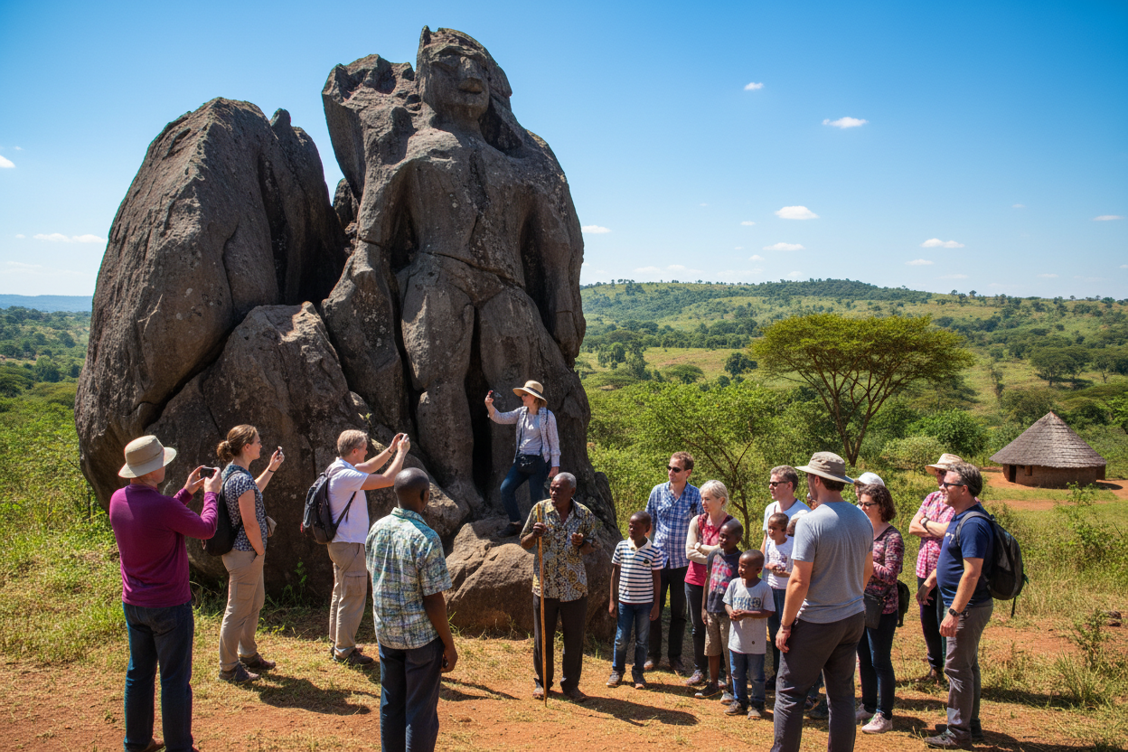 Group of people visiting a large rock formation in a natural landscape.