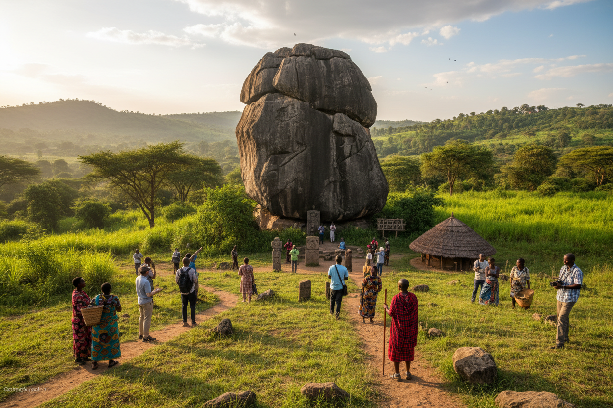 Large stone structure in a grassy field with people around it