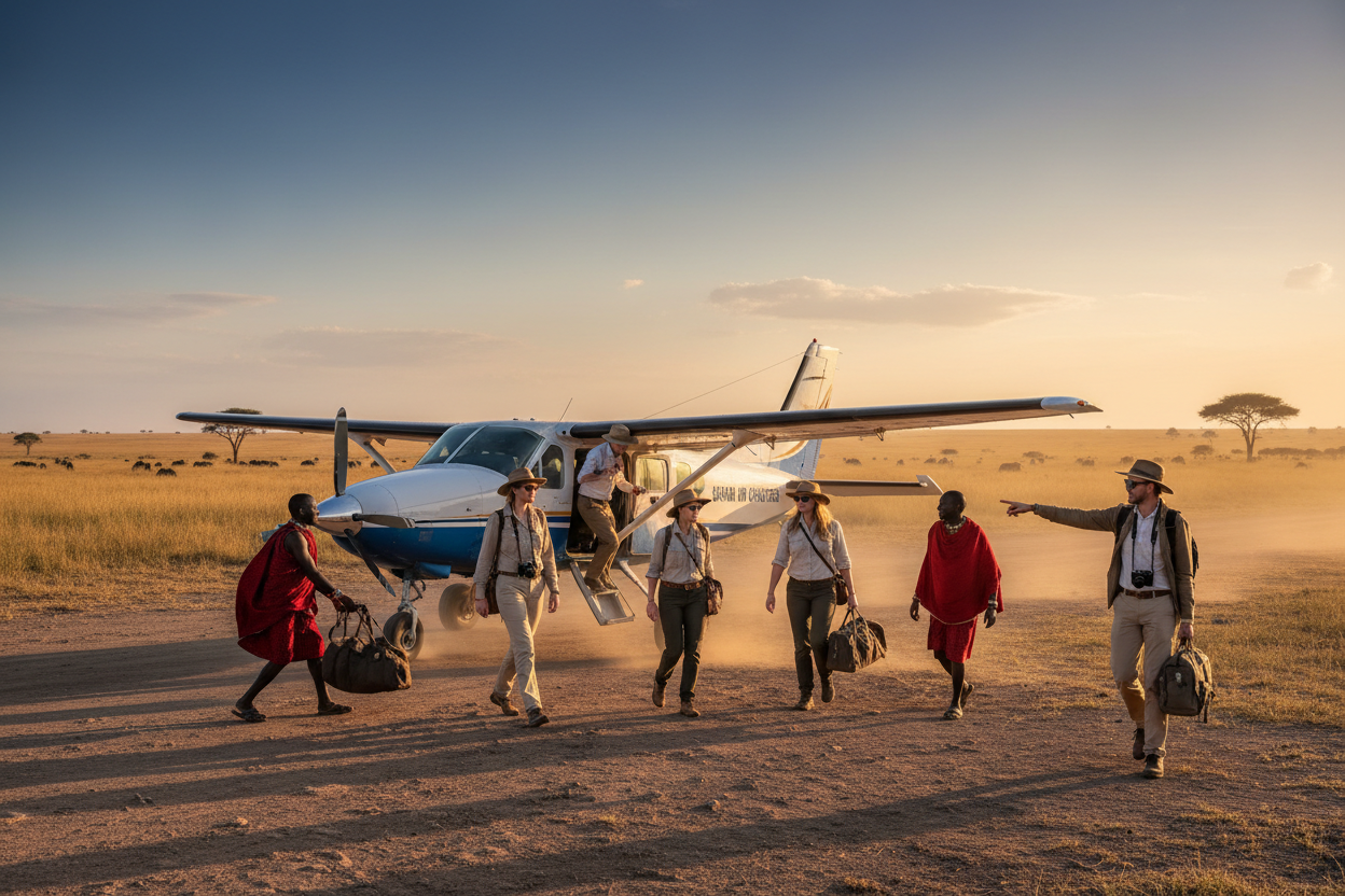Group of people walking towards a small airplane on a dirt airstrip with a scenic background.