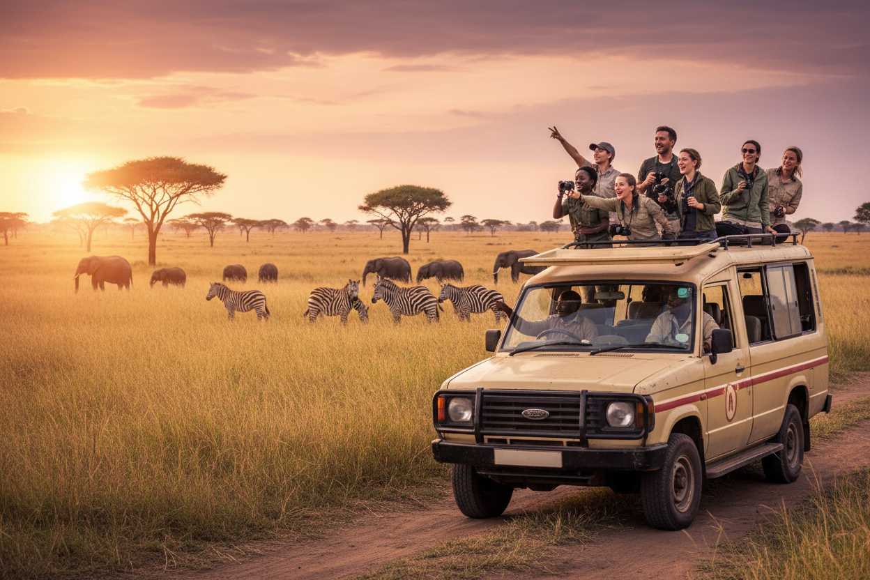 Group of people on an safari adventure with a vehicle in a grassy savannah landscape.